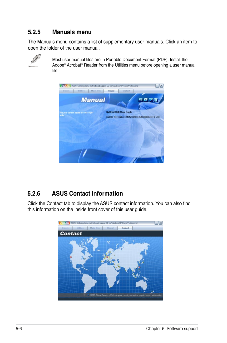 6 asus contact information, 5 manuals menu | Asus Striker User Manual | Page 126 / 162