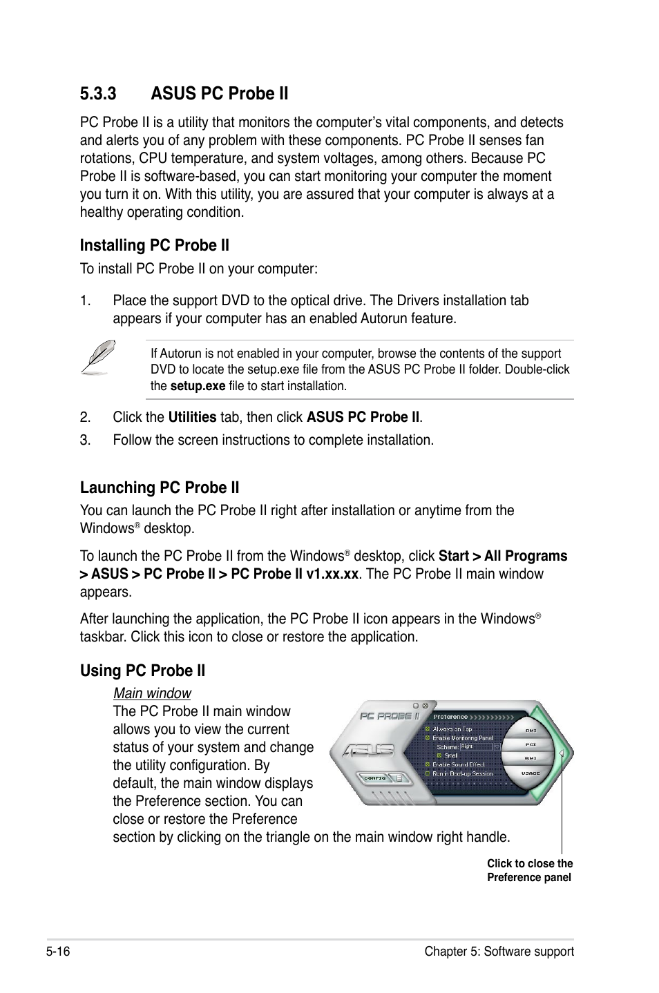 3 asus pc probe ii, Installing pc probe ii, Launching pc probe ii | Using pc probe ii | Asus Striker User Manual | Page 136 / 162