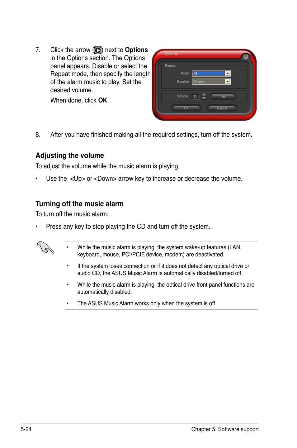 Adjusting the volume, Turning off the music alarm | Asus Striker User Manual | Page 144 / 162