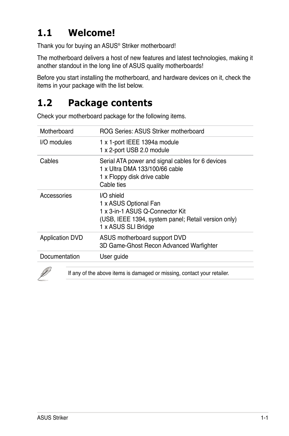 1 welcome, 2 package contents | Asus Striker User Manual | Page 17 / 162