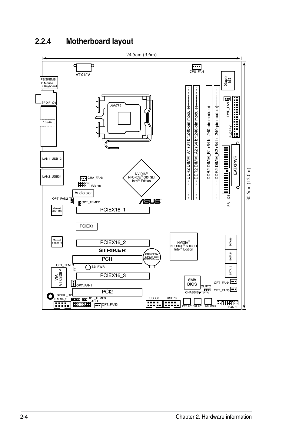 4 motherboard layout, 4 chapter 2: hardware information, 5cm (9.6in) | Pciex16_1 pci1, 5cm (12.0in), Striker | Asus Striker User Manual | Page 28 / 162