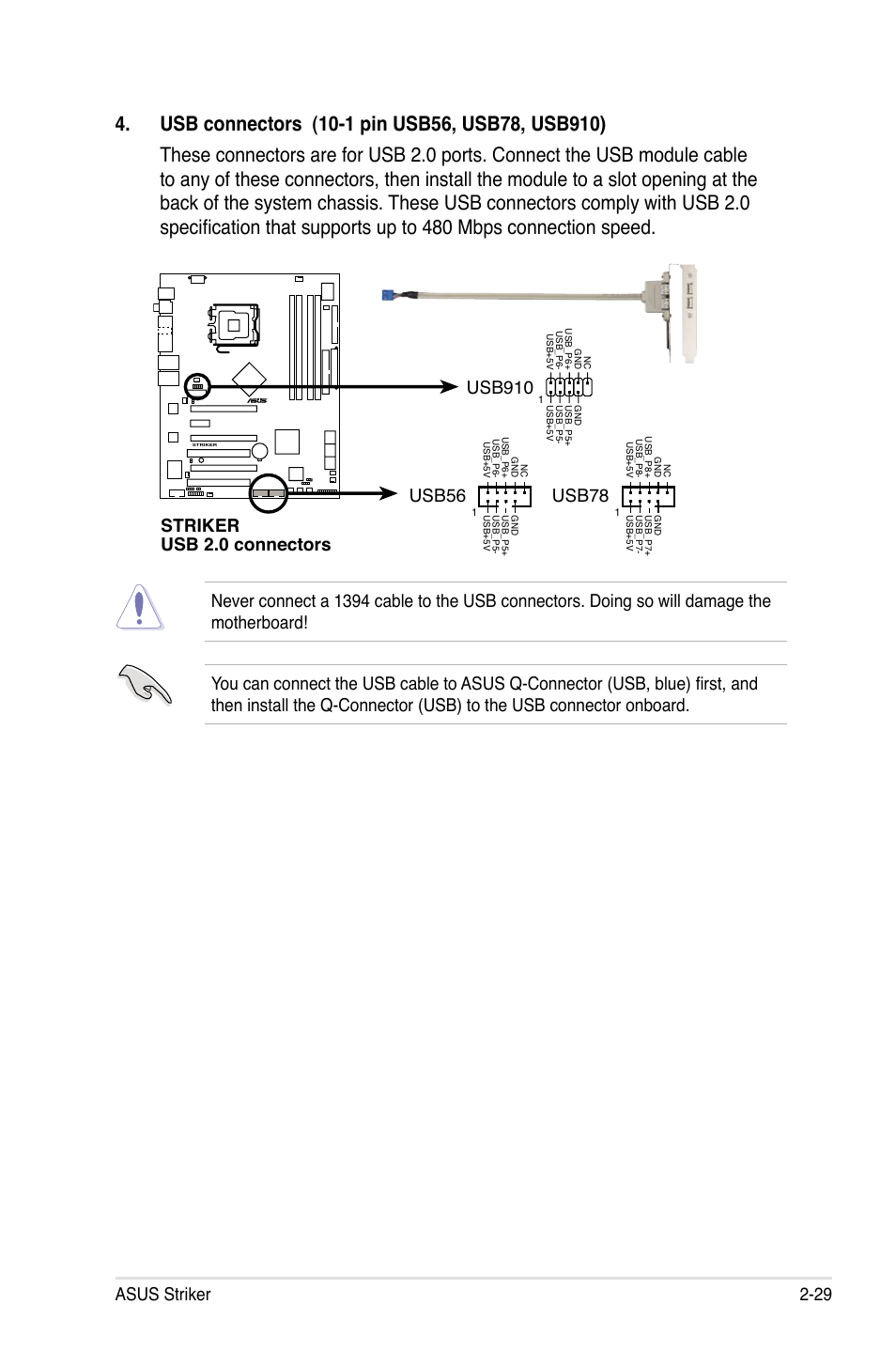 Asus striker 2-29, Striker usb 2.0 connectors usb56, Usb78 | Usb910 | Asus Striker User Manual | Page 53 / 162