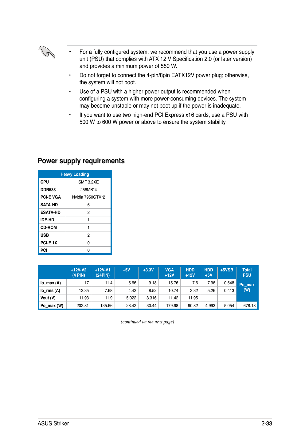 Power supply requirements | Asus Striker User Manual | Page 57 / 162