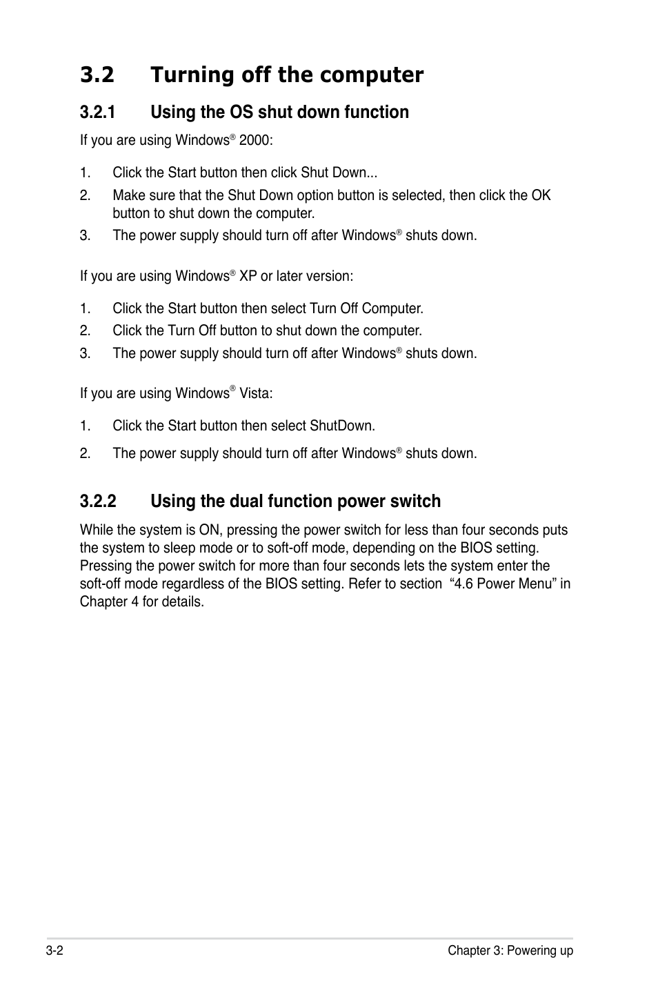 2 turning off the computer, 1 using the os shut down function, 2 using the dual function power switch | Asus Striker User Manual | Page 68 / 162