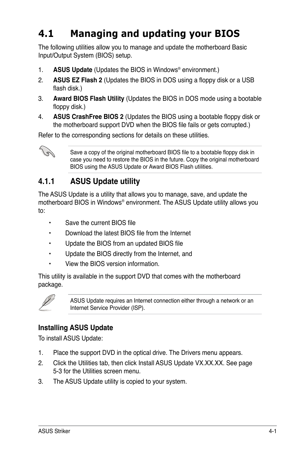 1 managing and updating your bios, 1 asus update utility | Asus Striker User Manual | Page 71 / 162