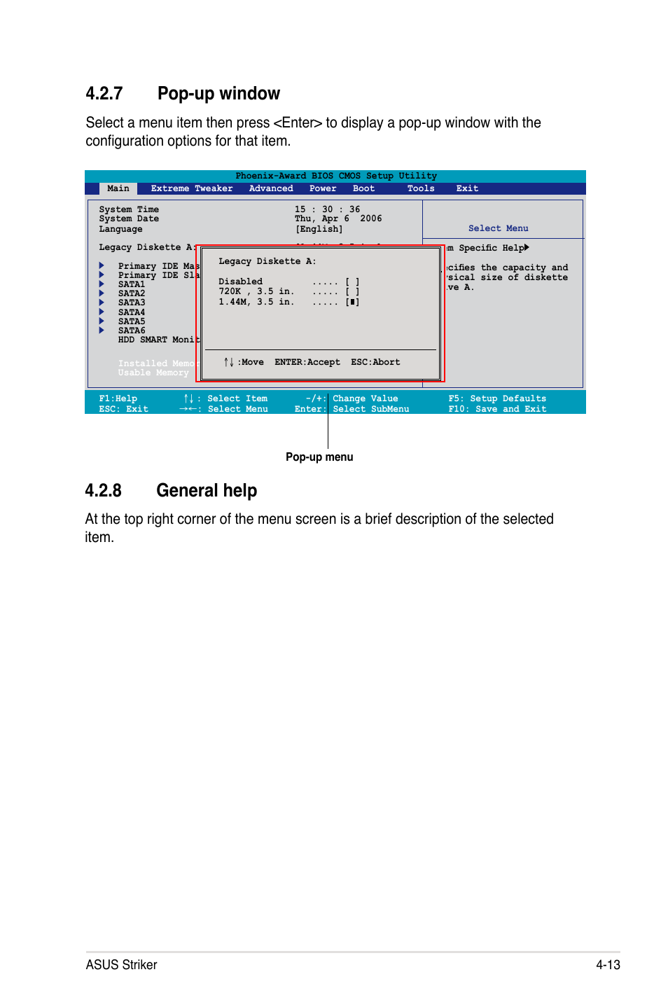 7 pop-up window, 8 general help, Asus striker 4-13 | Asus Striker User Manual | Page 83 / 162