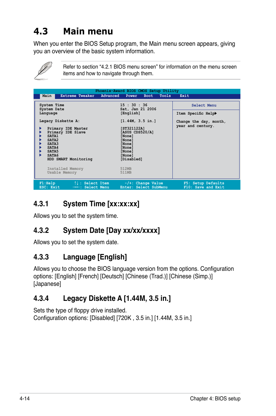 3 main menu, 1 system time [xx:xx:xx, 3 language [english | Allows you to set the system time, Allows you to set the system date | Asus Striker User Manual | Page 84 / 162