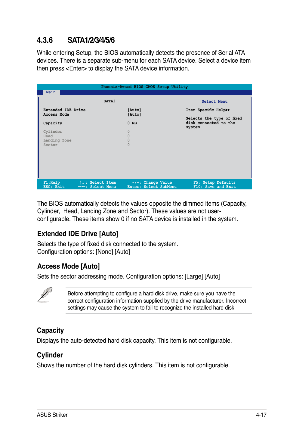 Extended ide drive [auto, Access mode [auto, Capacity | Cylinder | Asus Striker User Manual | Page 87 / 162