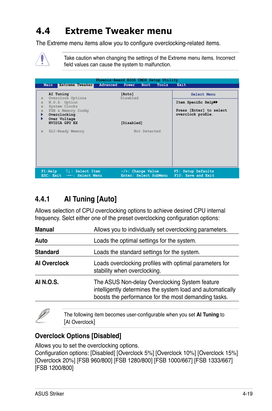 4 extreme tweaker menu, 1 ai tuning [auto, Overclock options [disabled | Asus Striker User Manual | Page 89 / 162