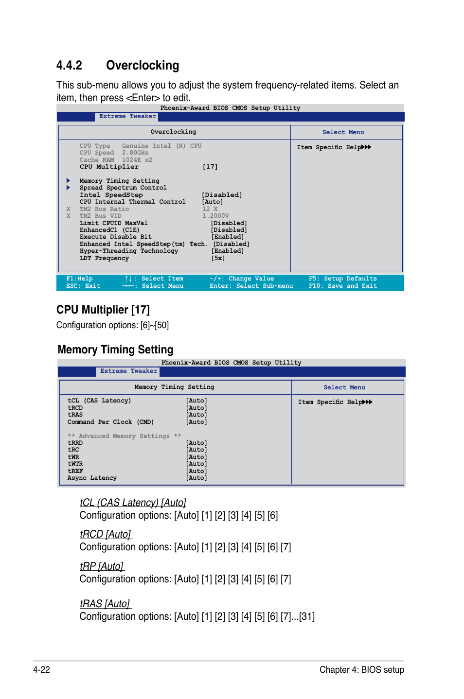 2 overclocking, Cpu multiplier [17, 22 chapter 4: bios setup | Configuration options: [6]~[50 | Asus Striker User Manual | Page 92 / 162