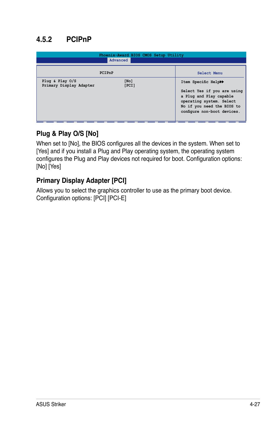 2 pcipnp, Plug & play o/s [no, Primary display adapter [pci | Asus Striker User Manual | Page 97 / 162