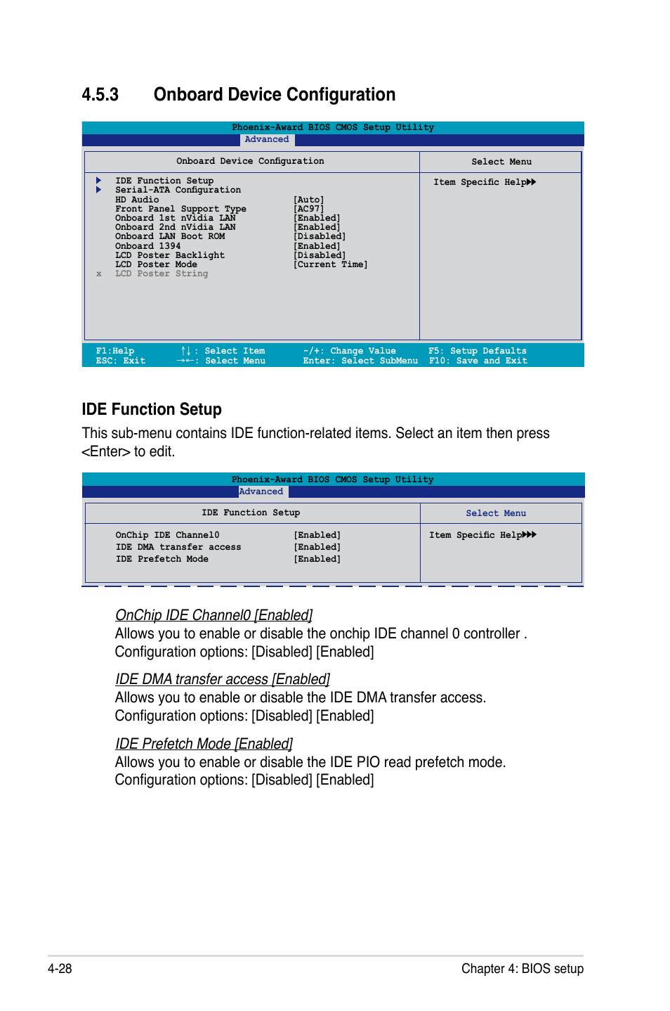 3 onboard device configuration, Ide function setup, 28 chapter 4: bios setup | Asus Striker User Manual | Page 98 / 162