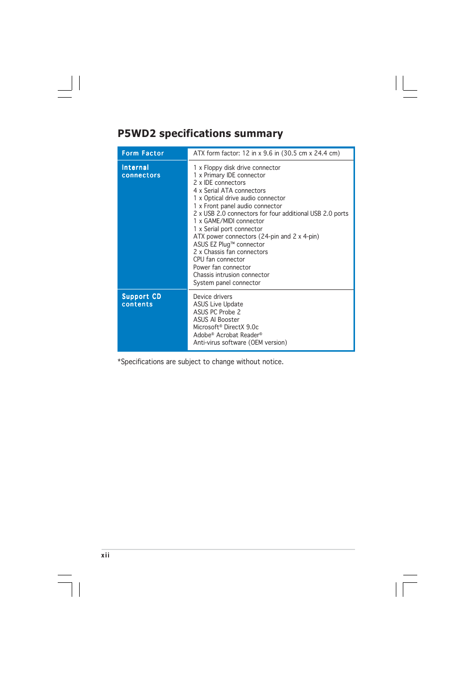 P5wd2 specifications summary | Asus P5WD2 User Manual | Page 12 / 150