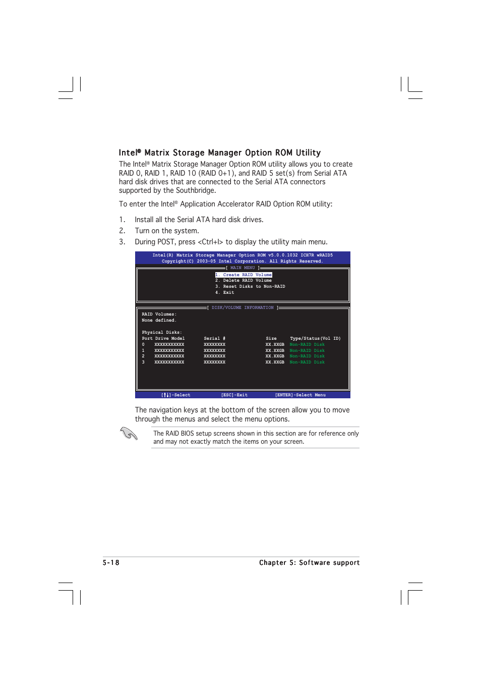 Intel, Matrix storage manager option rom utility | Asus P5WD2 User Manual | Page 132 / 150