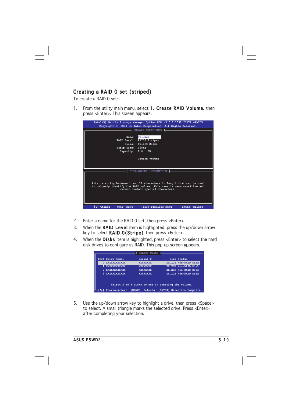 Creating a raid 0 set (striped) | Asus P5WD2 User Manual | Page 133 / 150