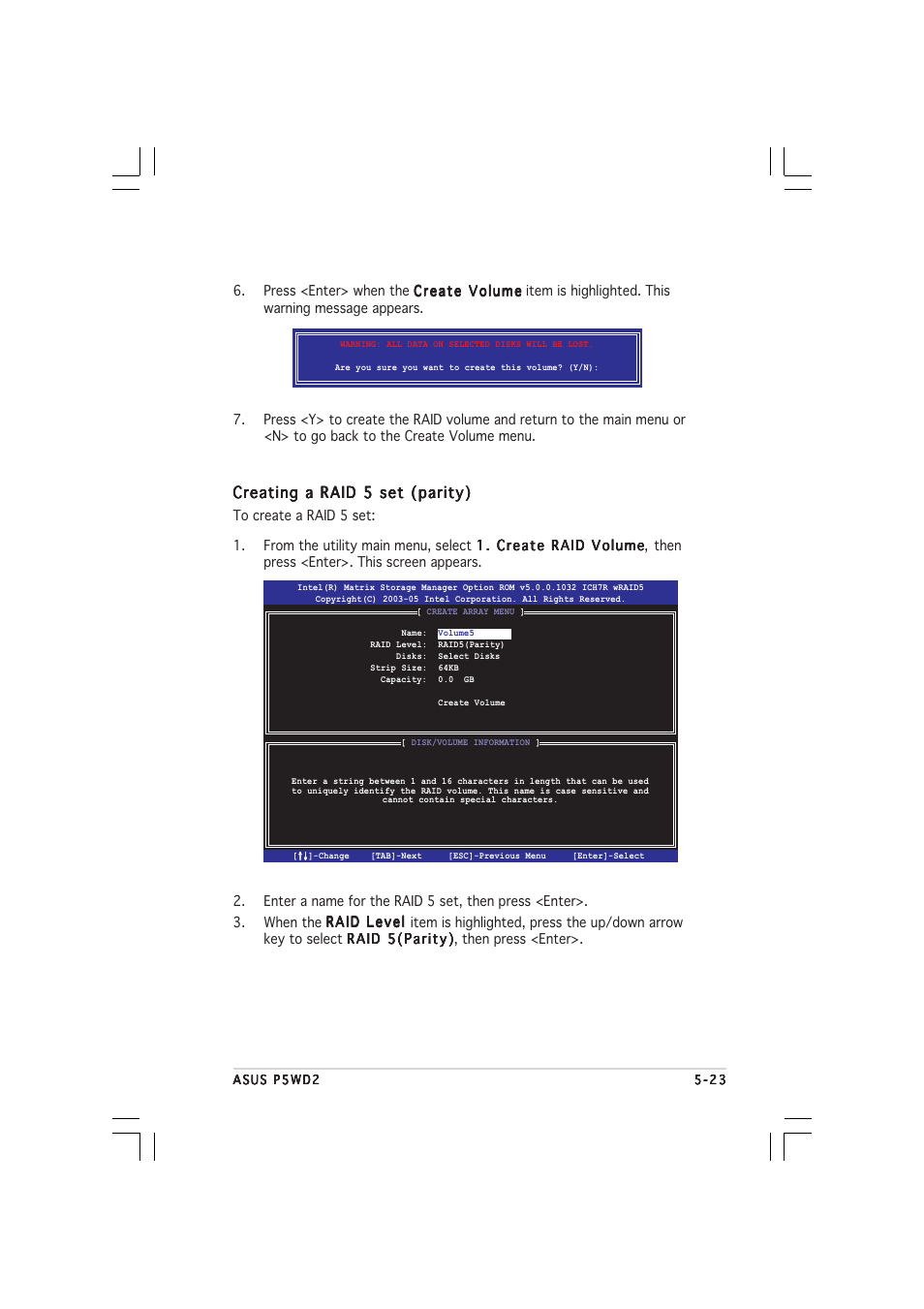 Creating a raid 5 set (parity) | Asus P5WD2 User Manual | Page 137 / 150