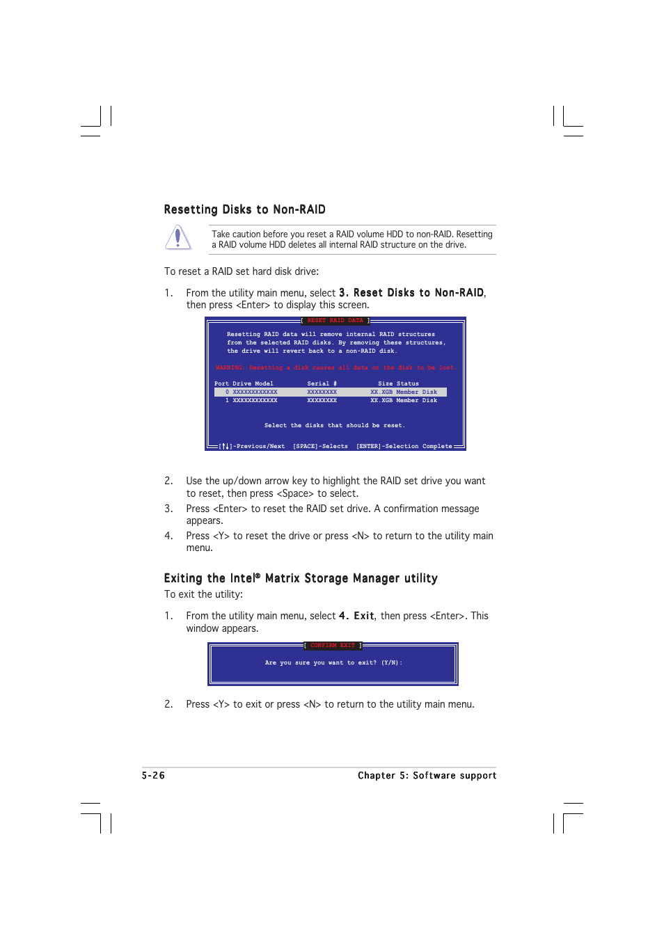 Exiting the intel, Matrix storage manager utility, Resetting disks to non-raid | Asus P5WD2 User Manual | Page 140 / 150