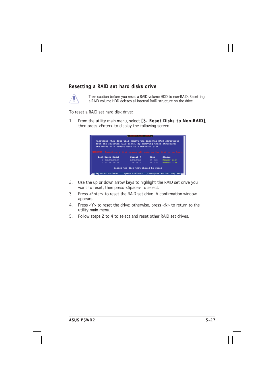 Resetting a raid set hard disks drive | Asus P5WD2 User Manual | Page 141 / 150