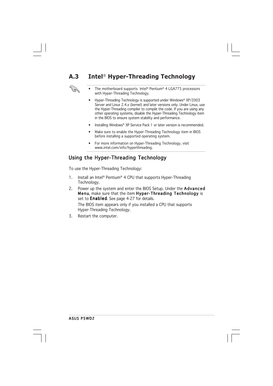A.3 intel, Hyper-threading technology, Using the hyper-threading technology | Asus P5WD2 User Manual | Page 149 / 150