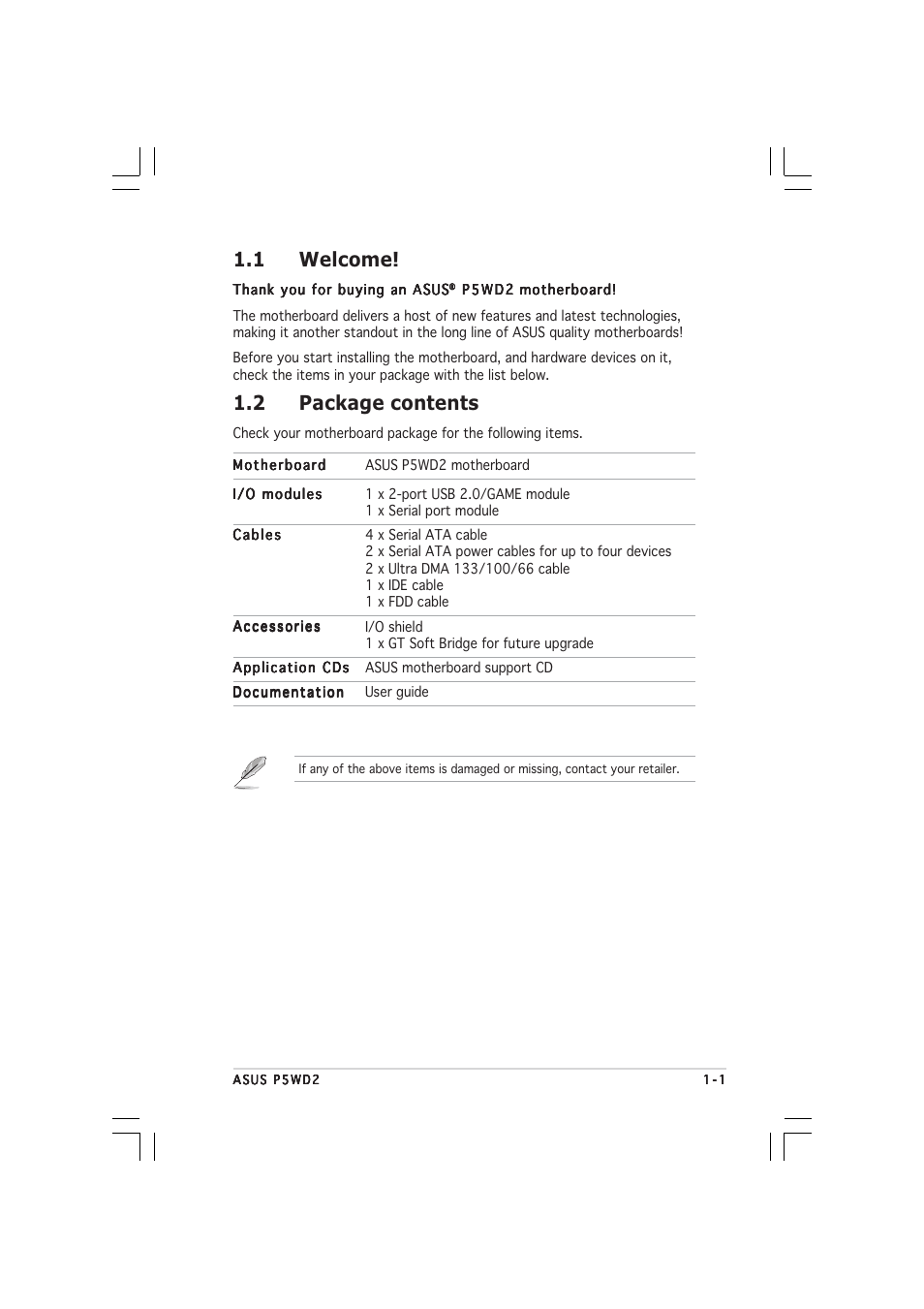 1 welcome, 2 package contents | Asus P5WD2 User Manual | Page 15 / 150