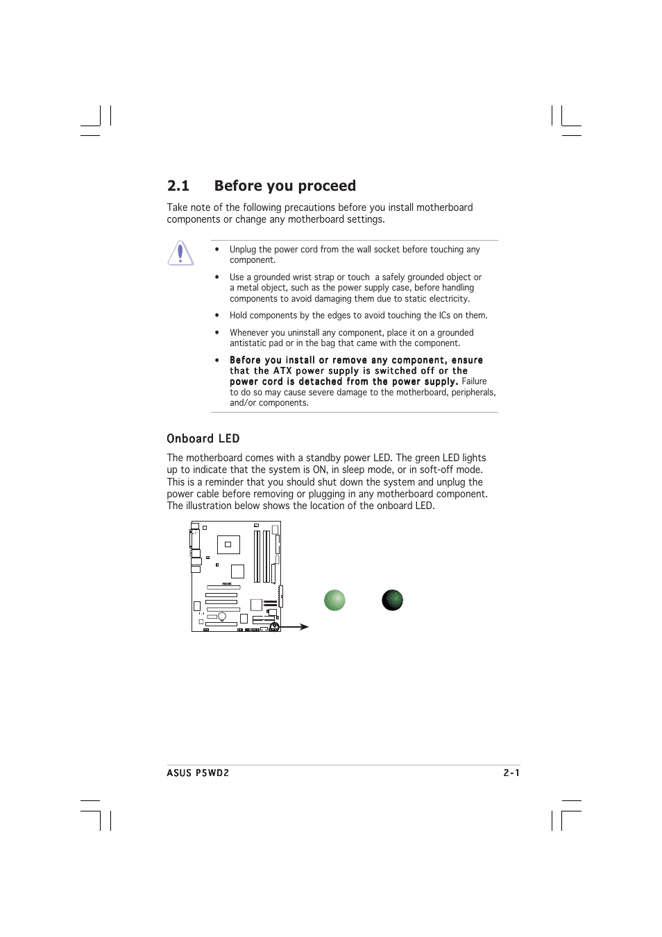 1 before you proceed, Onboard led | Asus P5WD2 User Manual | Page 25 / 150