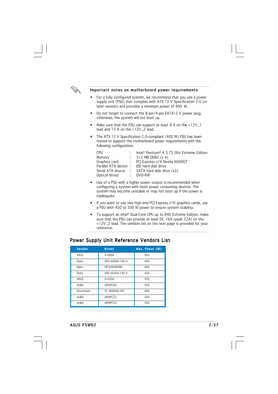 Power supply unit reference vendors list | Asus P5WD2 User Manual | Page 61 / 150