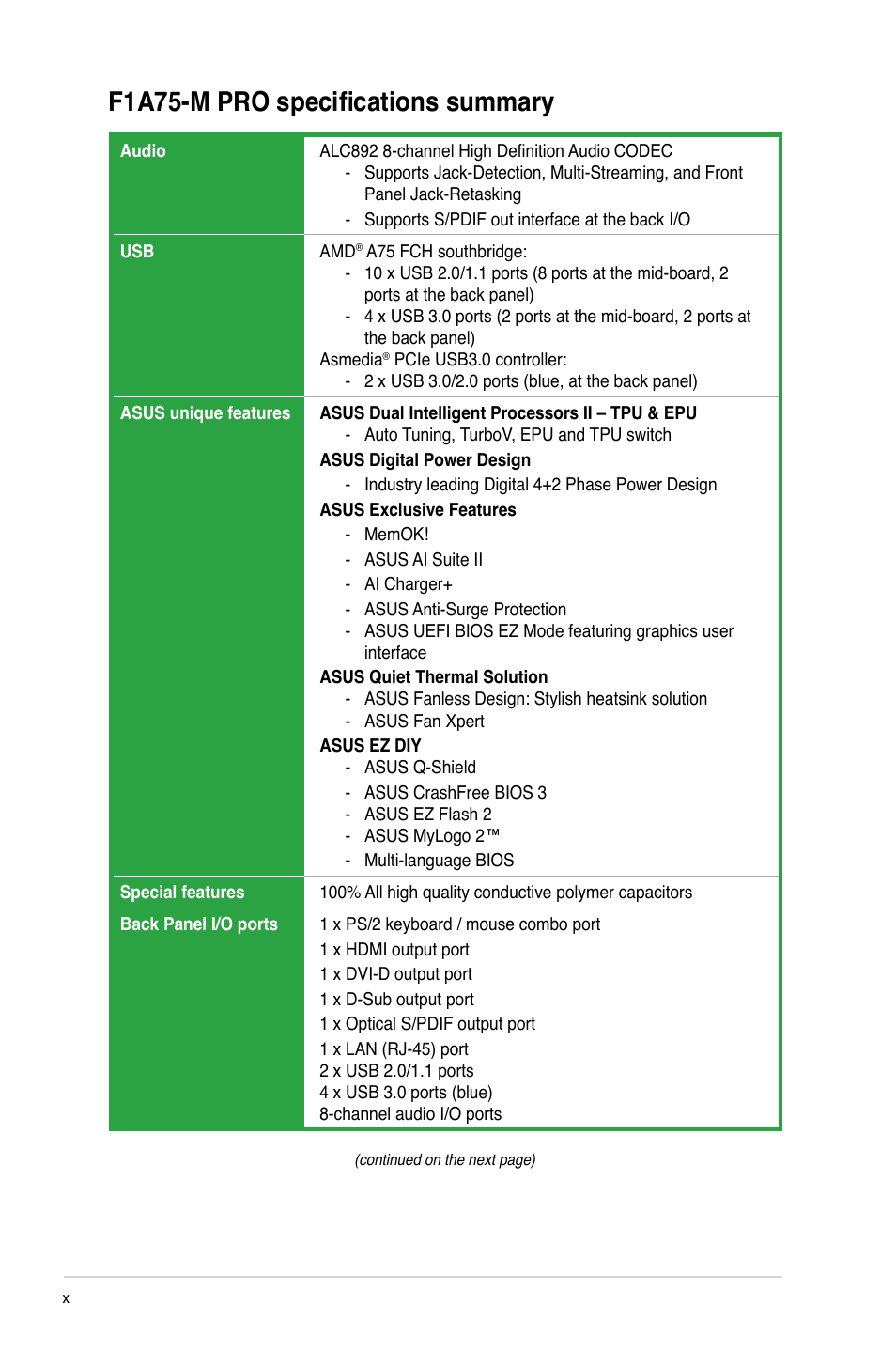 F1a75-m pro specifications summary | Asus F1A75-M PRO User Manual | Page 10 / 72