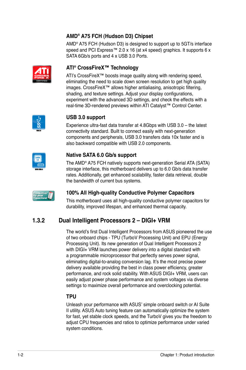 2 dual intelligent processors 2 – digi+ vrm, Dual intelligent processors 2 – digi+ vrm -2 | Asus F1A75-M PRO User Manual | Page 14 / 72