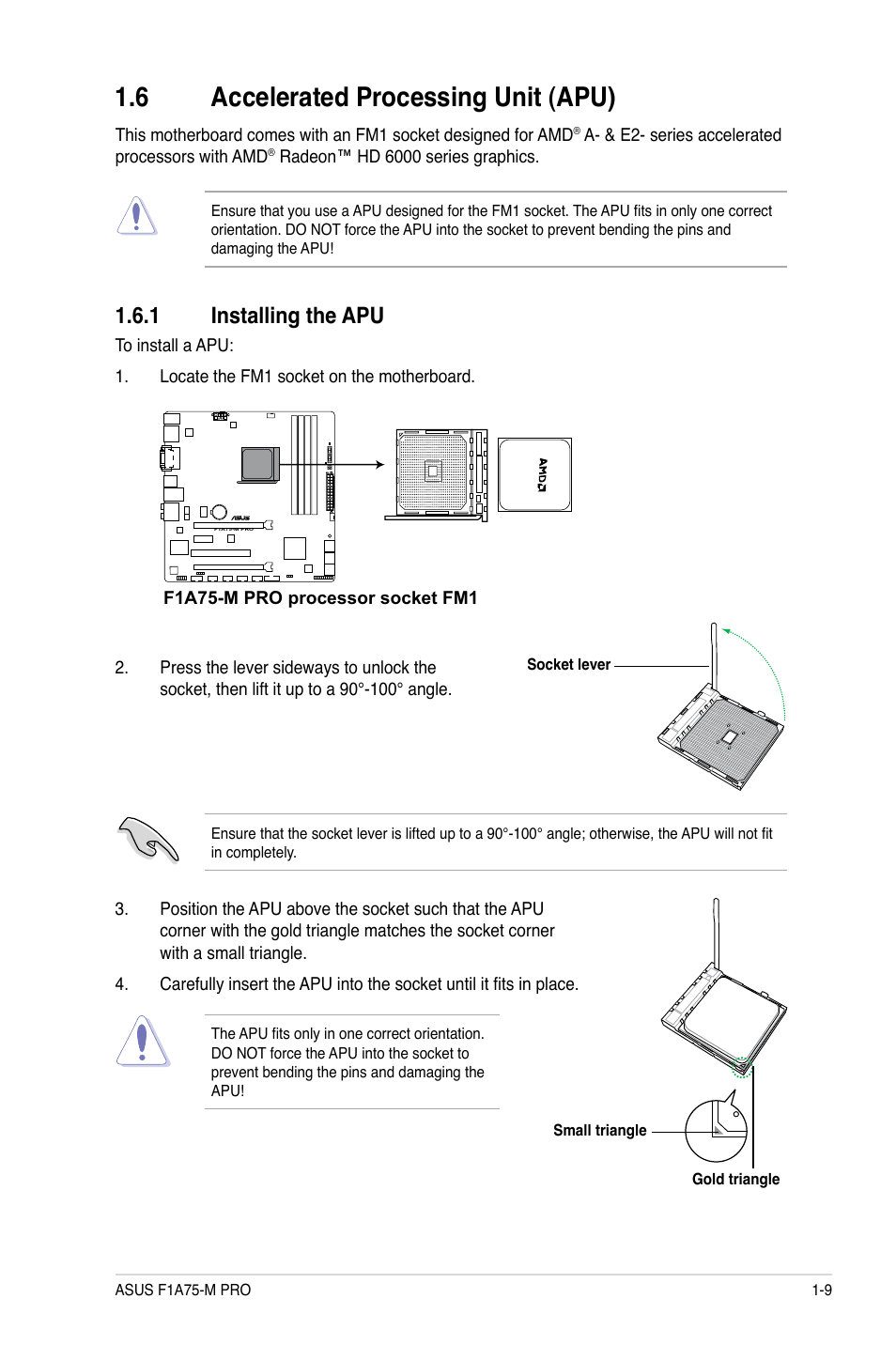 6 accelerated processing unit (apu), 1 installing the apu, Accelerated processing unit (apu) -9 1.6.1 | Installing the apu -9 | Asus F1A75-M PRO User Manual | Page 21 / 72