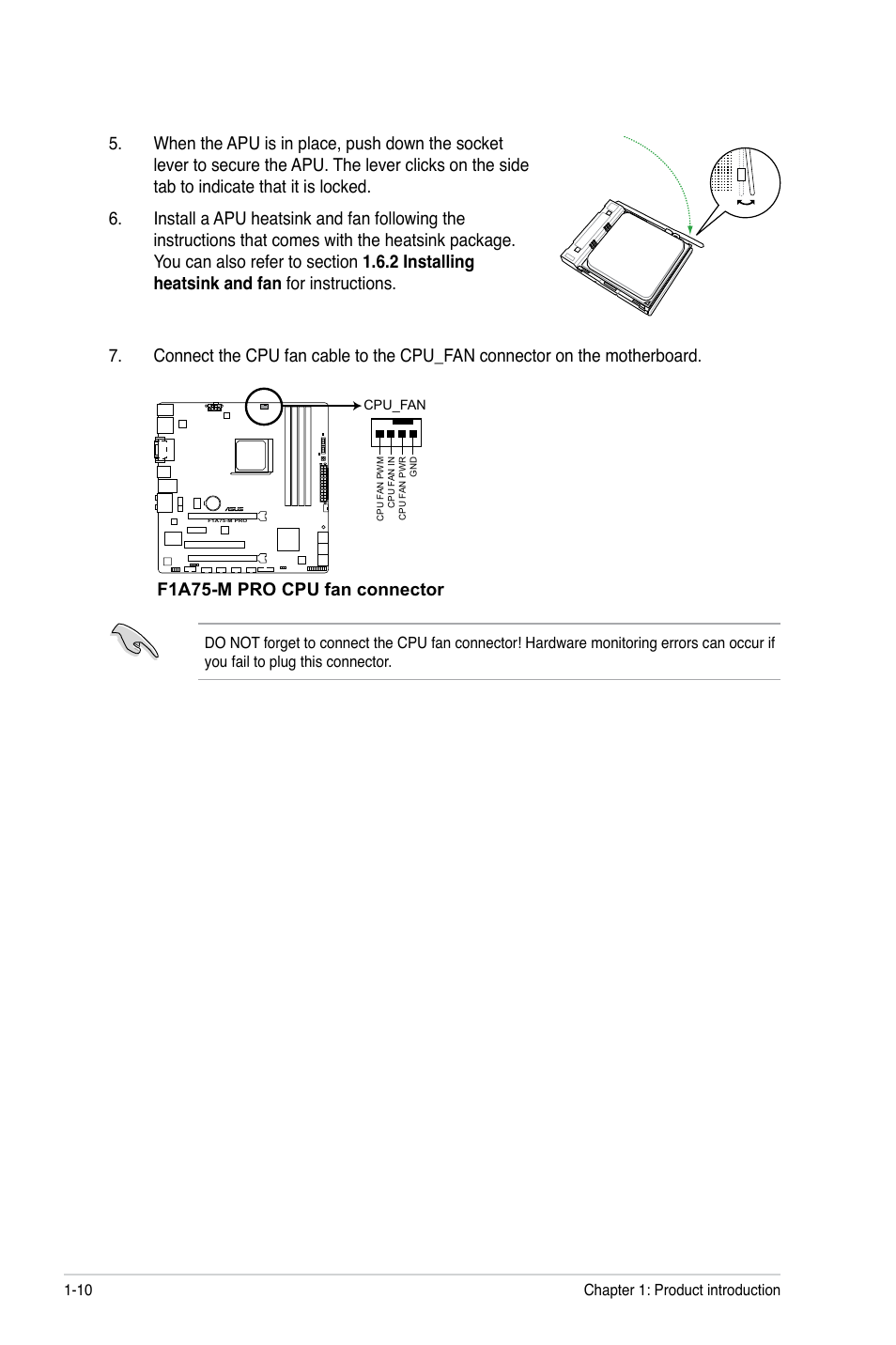 F1a75-m pro cpu fan connector | Asus F1A75-M PRO User Manual | Page 22 / 72