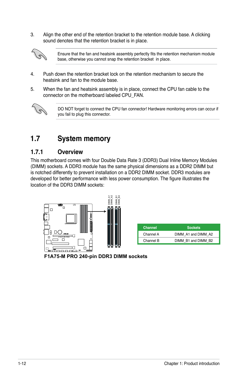 7 system memory, 1 overview, System memory -12 1.7.1 | Overview -12 | Asus F1A75-M PRO User Manual | Page 24 / 72