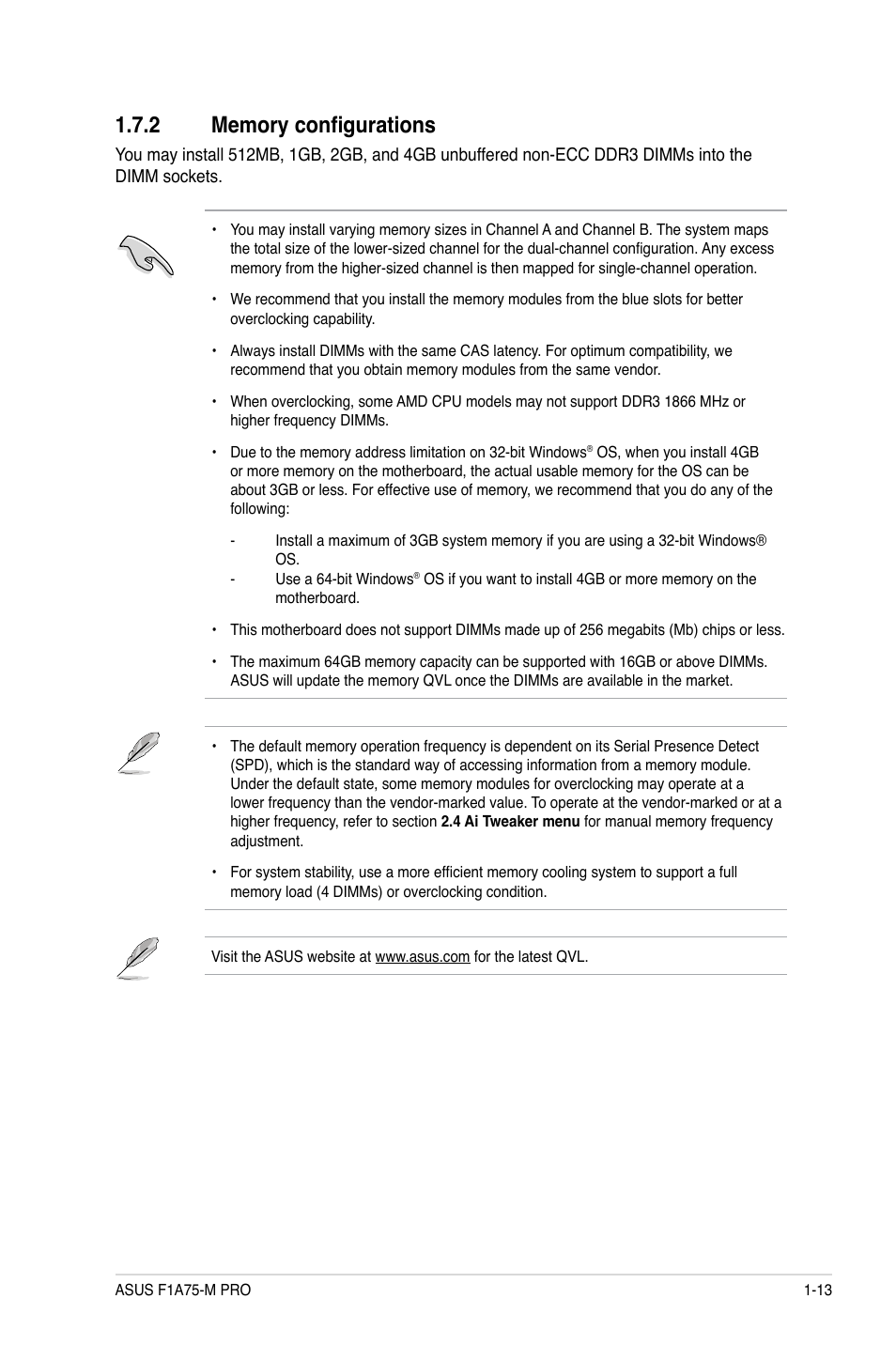 2 memory configurations, Memory configurations -13 | Asus F1A75-M PRO User Manual | Page 25 / 72