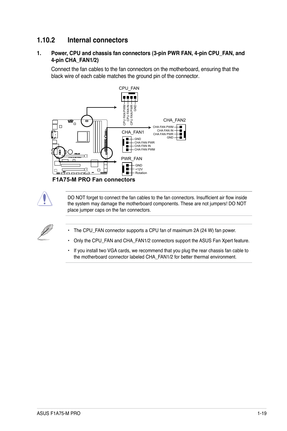 2 internal connectors, 2 internal connectors -19, F1a75-m pro fan connectors | Asus F1A75-M PRO User Manual | Page 31 / 72