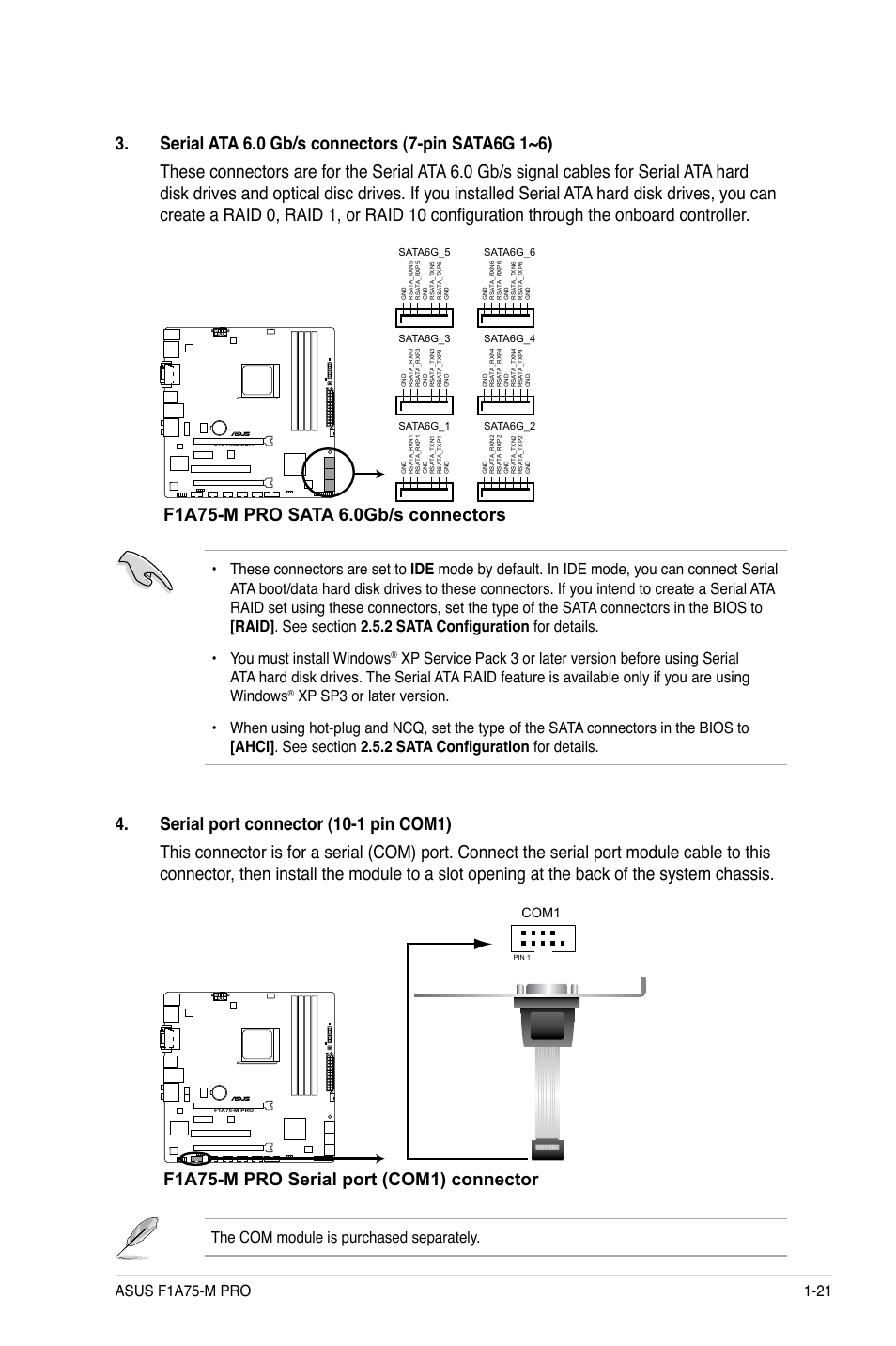 F1a75-m pro serial port (com1) connector, The com module is purchased separately, Com1 | Asus F1A75-M PRO User Manual | Page 33 / 72