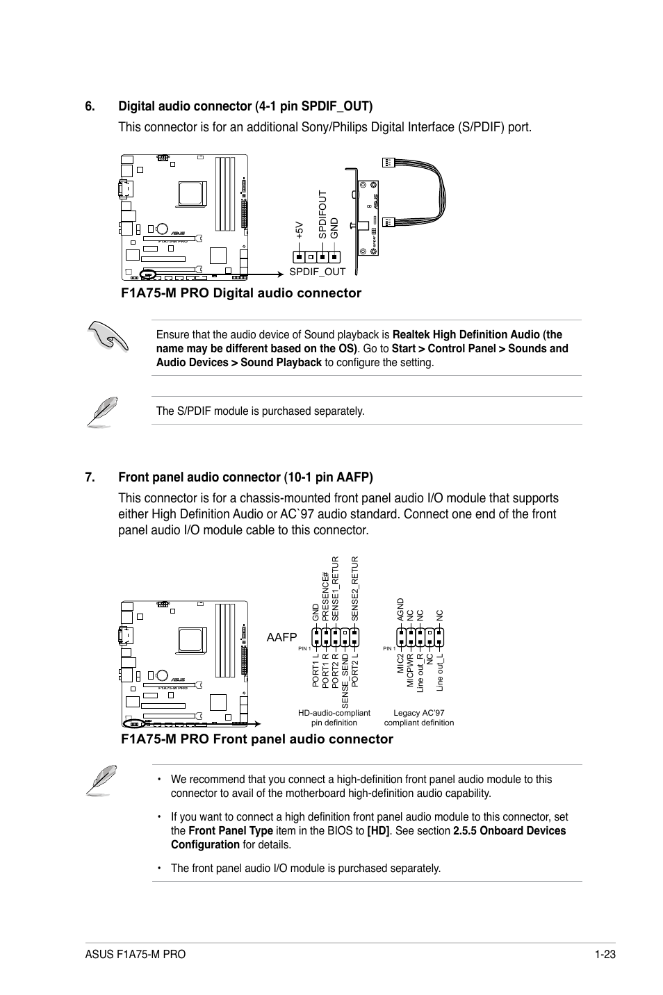 F1a75-m pro digital audio connector, F1a75-m pro front panel audio connector | Asus F1A75-M PRO User Manual | Page 35 / 72