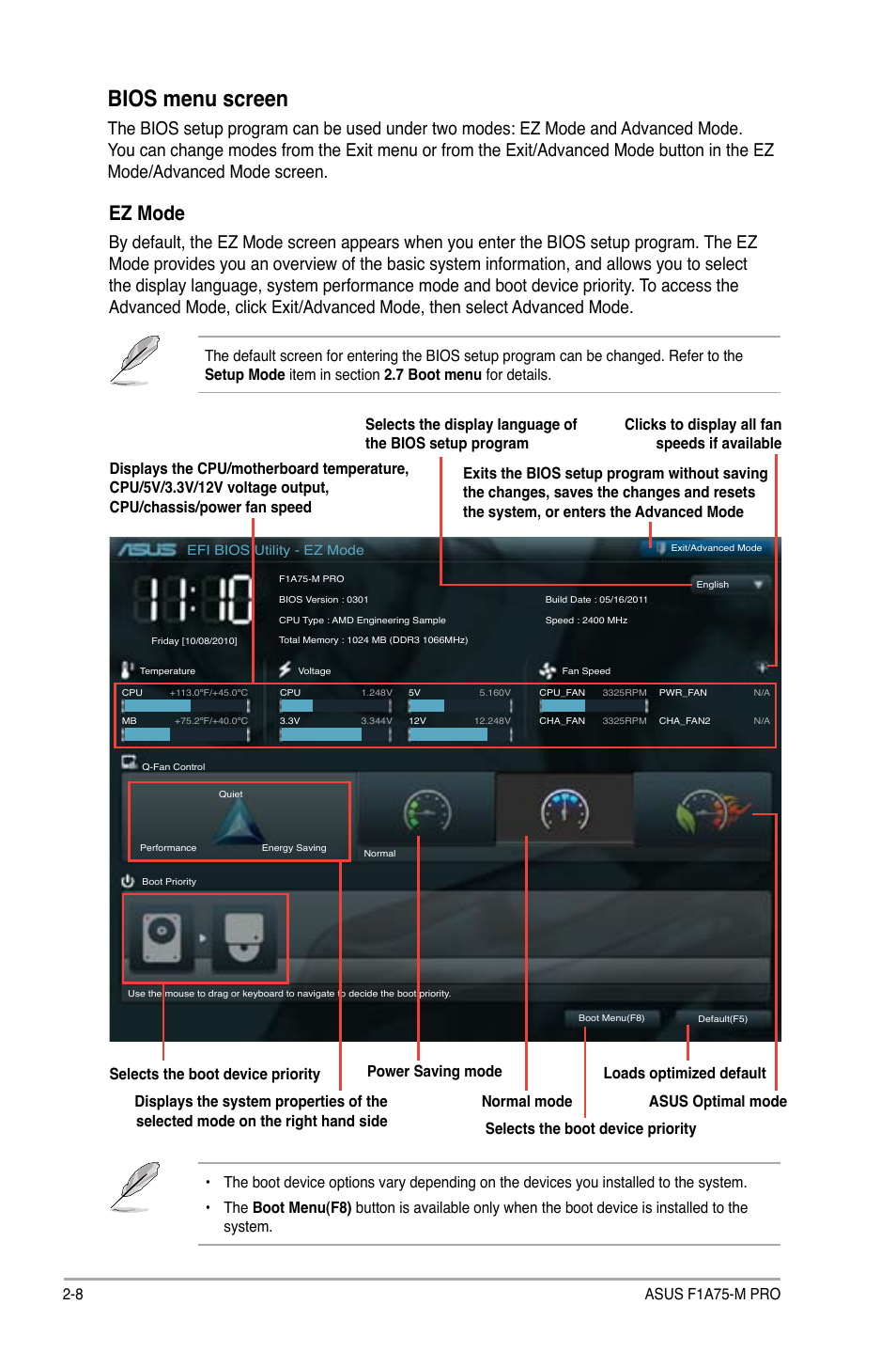 Bios menu screen, Ez mode, 8 asus f1a75-m pro | Asus F1A75-M PRO User Manual | Page 50 / 72