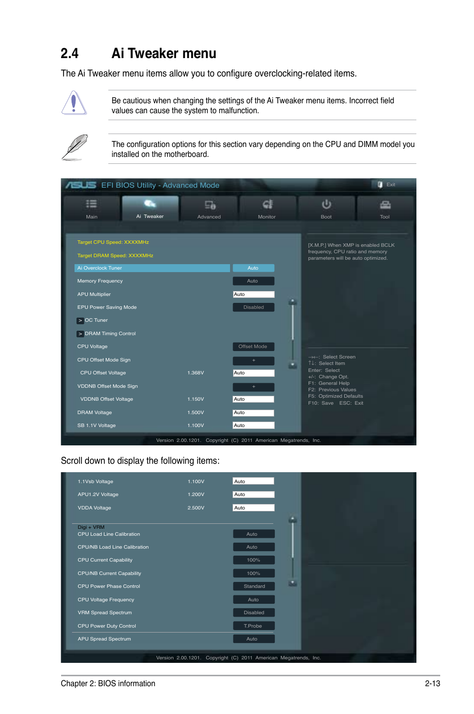 4 ai tweaker menu, Ai tweaker menu -13, Scroll down to display the following items | Chapter 2: bios information 2-13, Efi bios utility - advanced mode | Asus F1A75-M PRO User Manual | Page 55 / 72