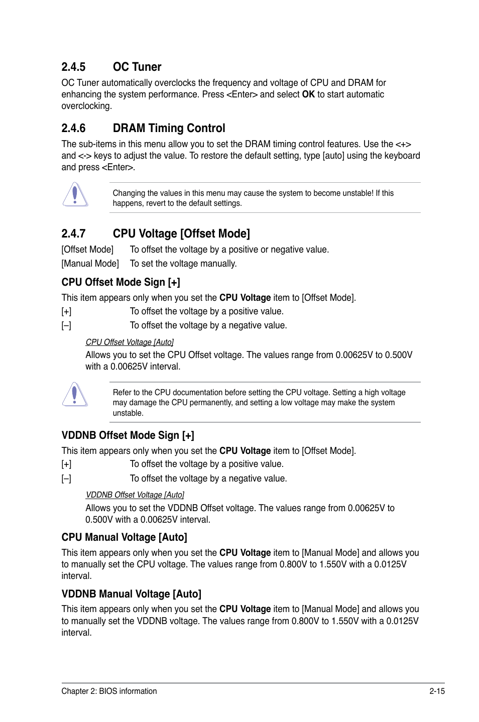 5 oc tuner, 6 dram timing control, 7 cpu voltage [offset mode | Oc tuner -15, Dram timing control -15, Cpu voltage [offset mode] -15 | Asus F1A75-M PRO User Manual | Page 57 / 72