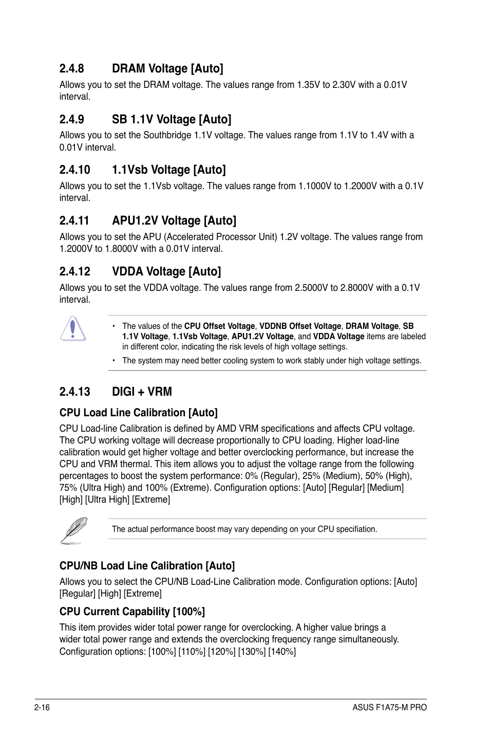 8 dram voltage [auto, 9 sb 1.1v voltage [auto, 10 1.1vsb voltage [auto | 11 apu1.2v voltage [auto, 12 vdda voltage [auto, 13 digi + vrm, Dram voltage [auto] -16, Sb 1.1v voltage [auto] -16 | Asus F1A75-M PRO User Manual | Page 58 / 72