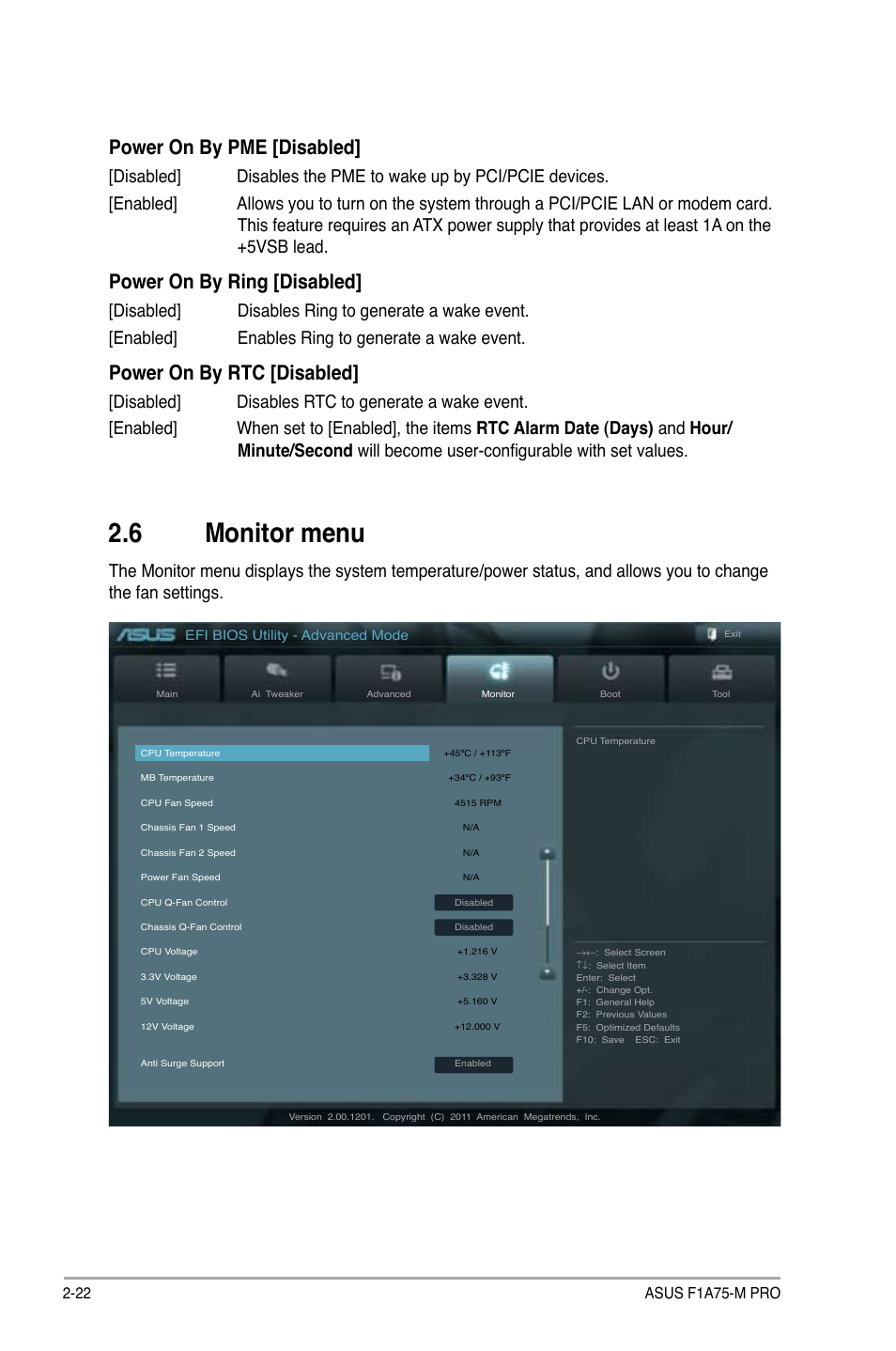 6 monitor menu, Monitor menu -22, Power on by pme [disabled | Power on by ring [disabled, Power on by rtc [disabled | Asus F1A75-M PRO User Manual | Page 64 / 72