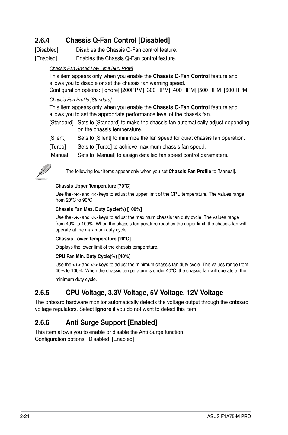 4 chassis q-fan control [disabled, 6 anti surge support [enabled, Chassis q-fan control [disabled] -24 | Anti surge support [enabled] -24 | Asus F1A75-M PRO User Manual | Page 66 / 72