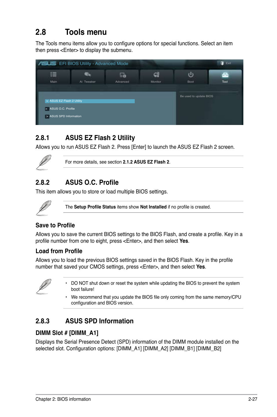 8 tools menu, 1 asus ez flash 2 utility, 2 asus o.c. profile | 3 asus spd information, Tools menu -27 2.8.1, Asus ez flash 2 utility -27, Asus o.c. profile -27, Asus spd information -27, Save to profile, Load from profile | Asus F1A75-M PRO User Manual | Page 69 / 72