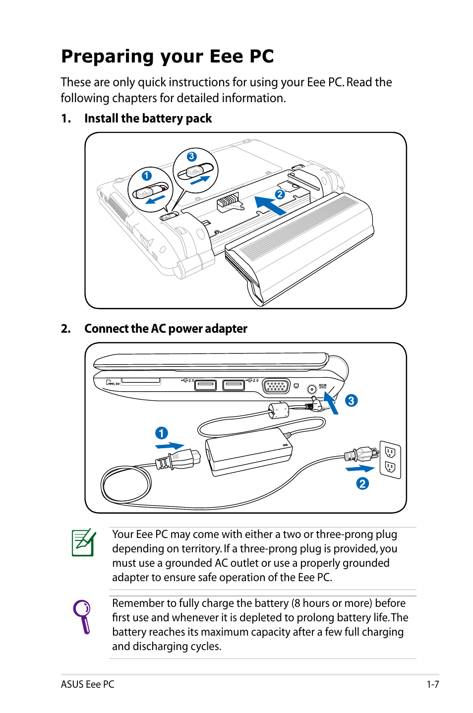 Preparing your eee pc, Preparing your eee pc -7 | Asus Eee PC 901/XP User Manual | Page 11 / 84
