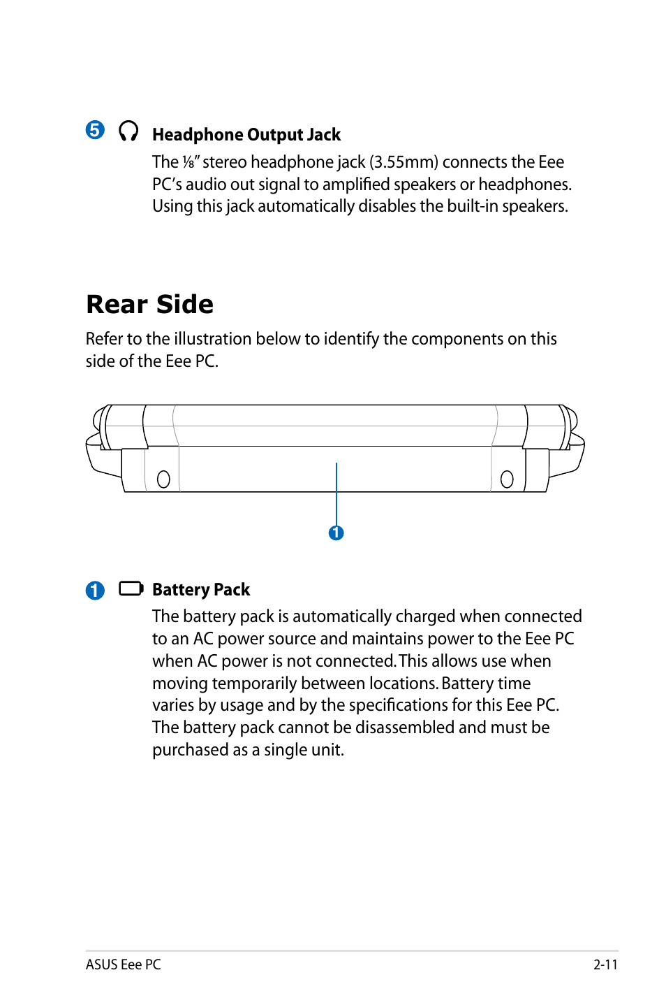 Rear side, Rear side -11 | Asus Eee PC 901/XP User Manual | Page 23 / 84