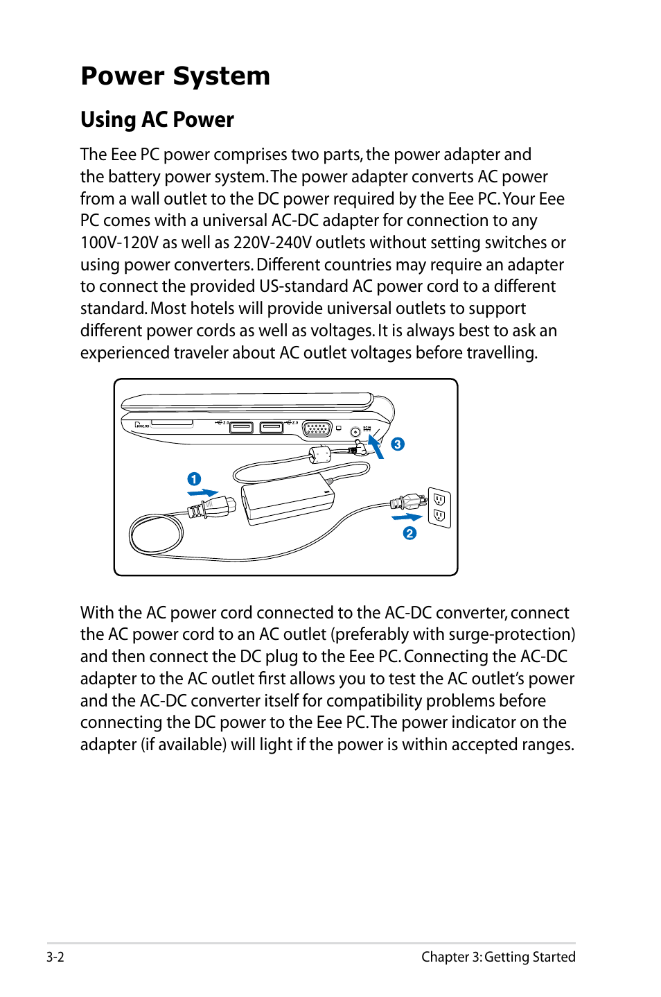 Power system, Using ac power, Power system -2 | Using ac power -2 | Asus Eee PC 901/XP User Manual | Page 26 / 84