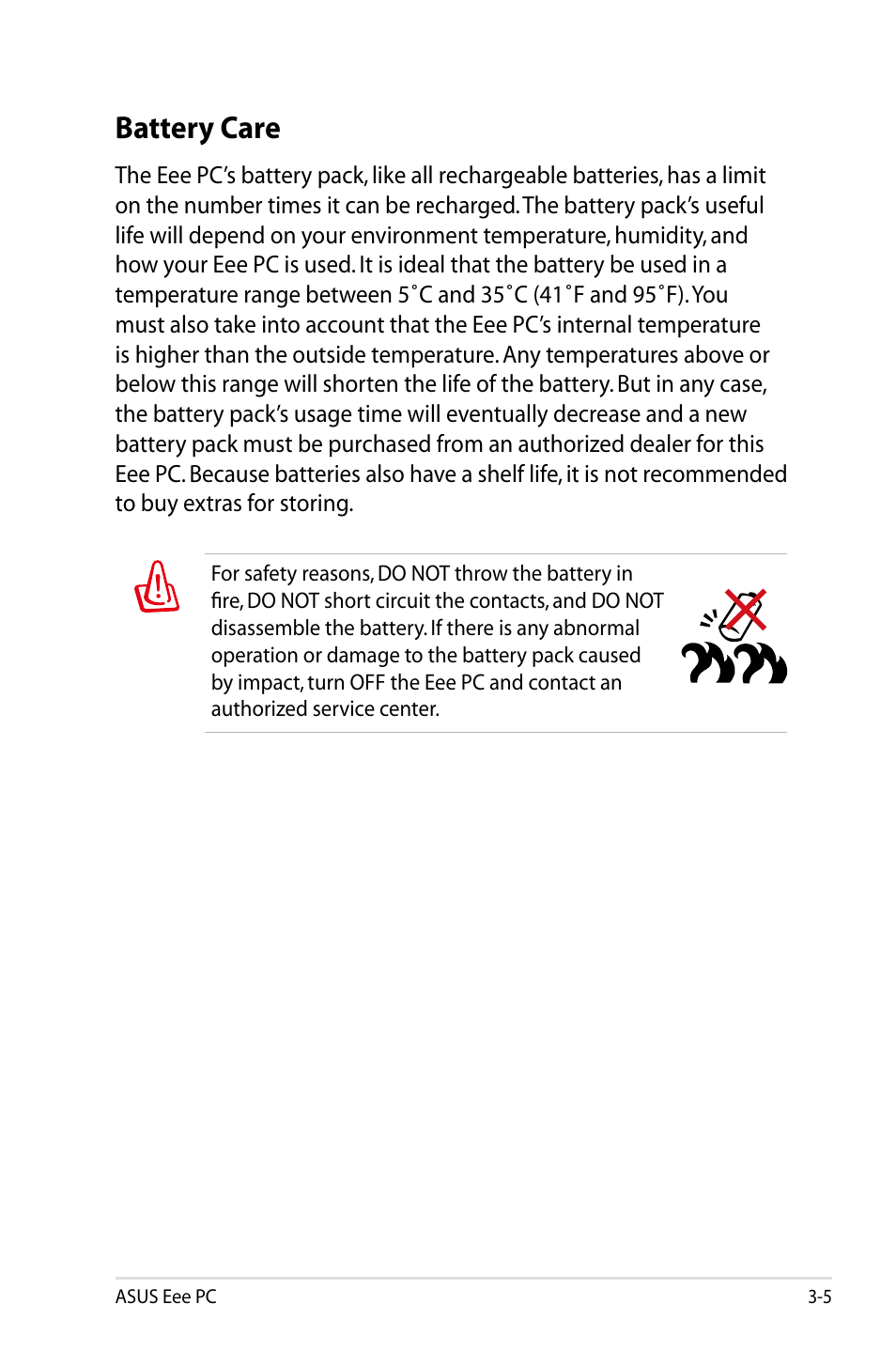 Battery care, Battery care -5 | Asus Eee PC 901/XP User Manual | Page 29 / 84