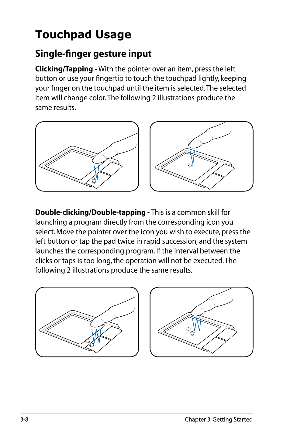 Touchpad usage, Single-finger gesture input, Touchpad usage -8 | Single-finger gesture input -8 | Asus Eee PC 901/XP User Manual | Page 32 / 84