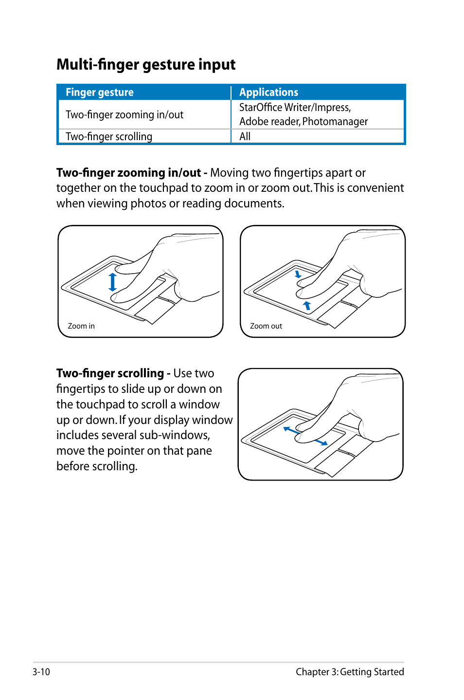 Multi-finger gesture input, Multi-finger gesture input -10 | Asus Eee PC 901/XP User Manual | Page 34 / 84