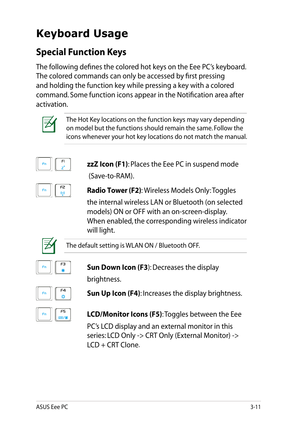 Keyboard usage, Special function keys, Keyboard usage -11 | Special function keys -11 | Asus Eee PC 901/XP User Manual | Page 35 / 84