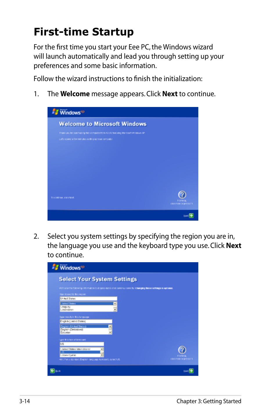 First-time startup, First-time startup -14 | Asus Eee PC 901/XP User Manual | Page 38 / 84